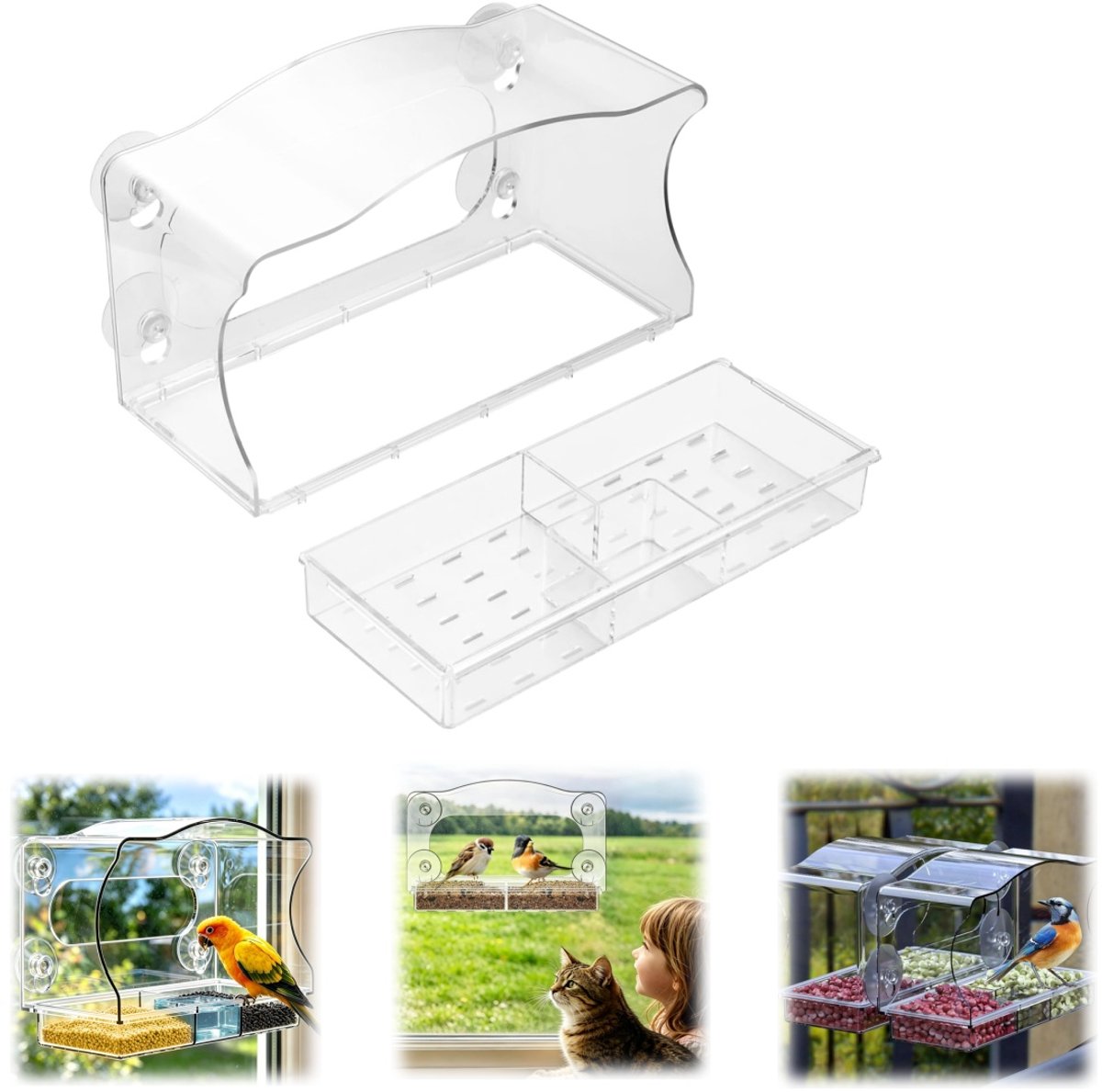 Vogelvoederhuisje - Vogelkooi met open venster - Regenbestendig vogelhuisje - Papegaaienobservatiebox - Vogelvoederhuisje - Ingebouwd waterreservoir en afvoergat - Met zuignappen - Voor kleine vogels (25*11*14,5 cm - Transparant)