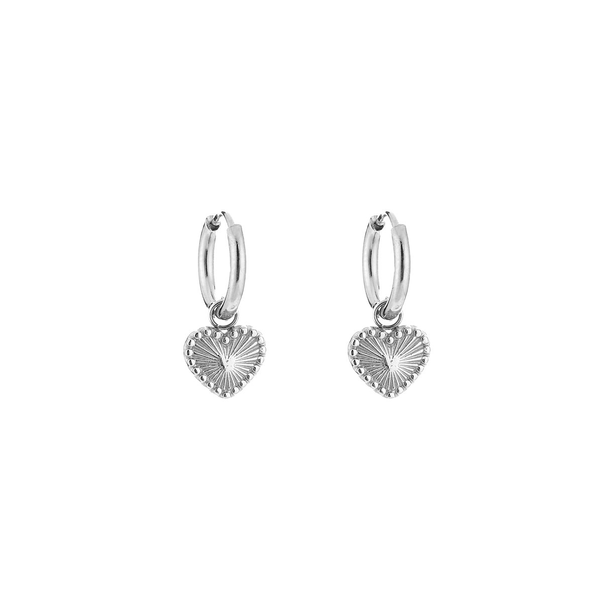Stainless Steel Sunburst Heart Charm Huggie Hoops – Luxe Hartje Oorringen – RVS - Zilver