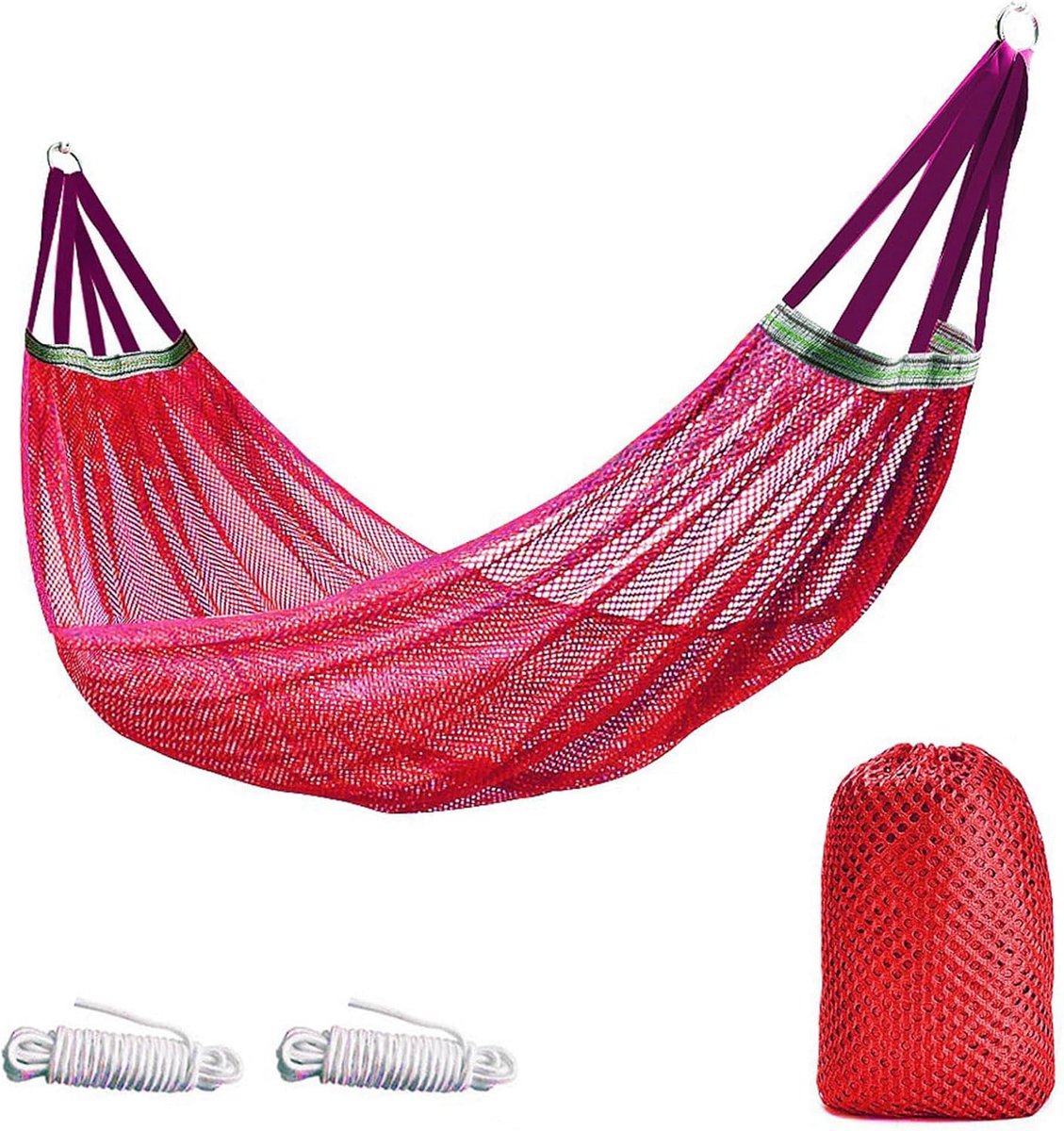 Hangmat voor Camping, Tuin en Reizen - 252 kg Maximaal Draagvermogen - Rood Touwhangmat van Nylon Gaas - Ademend en Lichtgewicht Outdoorsysteem - Compacte Reishangmat voor Strand en Terras
