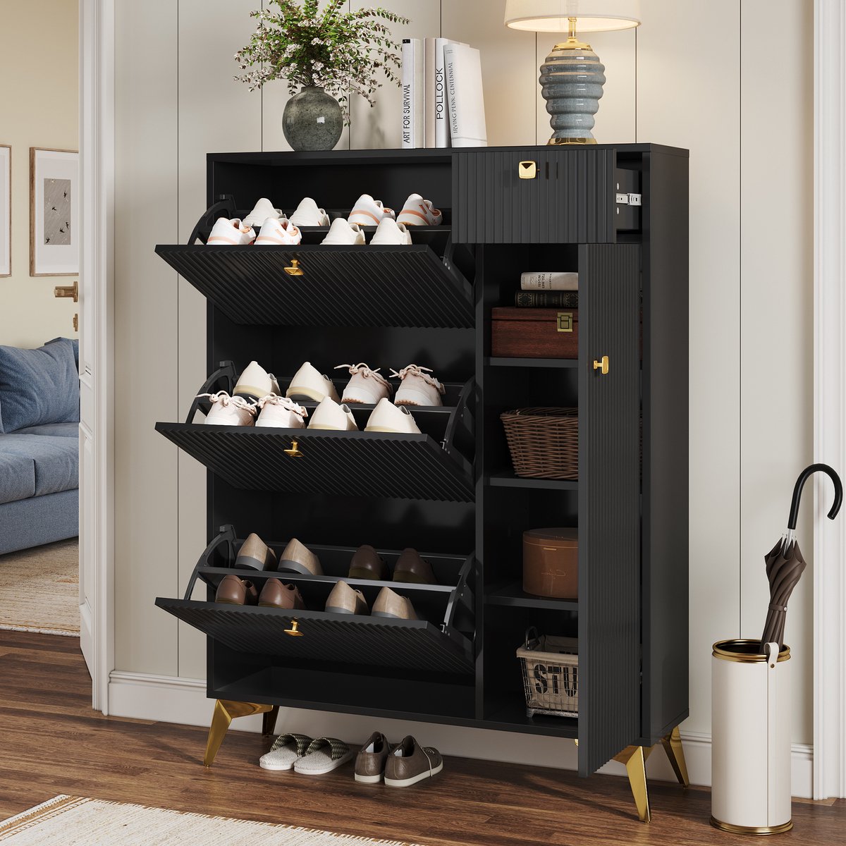 Schoenenkast - Met 3 klepdeuren, 1 lade, 1 deur & golvend design - 90x121x25 cm - Zwart