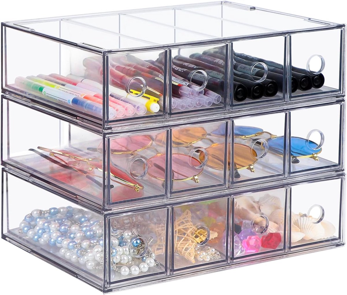 SnelShoppen - 3 Lade Organiser met 12 Compartimenten, Stapelbaar, Bureau Organizer met Verwijderbare Lade, Opbergdoos, Multifunctioneel voor Kantoorbe