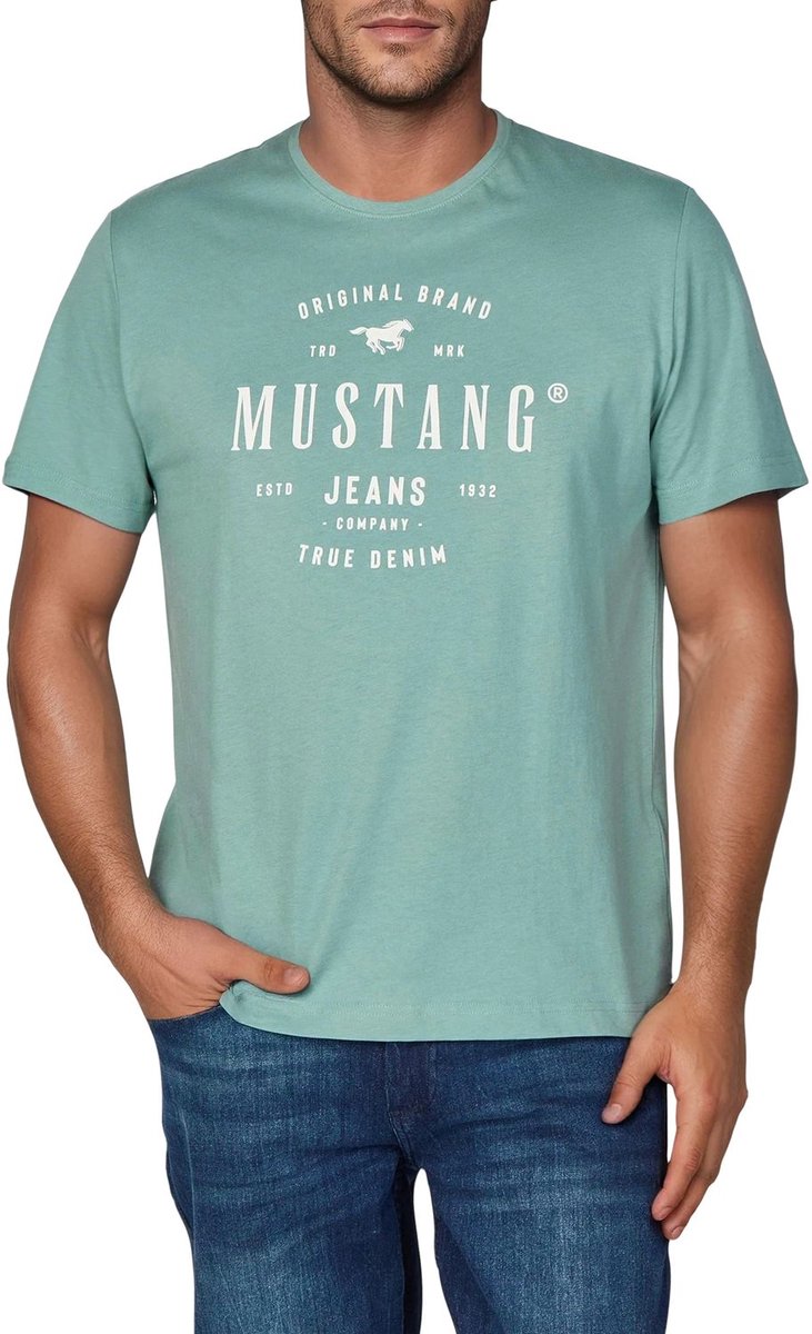 Mustang Heren T-Shirt Basic Print Tee regular fit Turkoois 3XL Ronde Hals Volwassenen Opdruk Print Shirts
