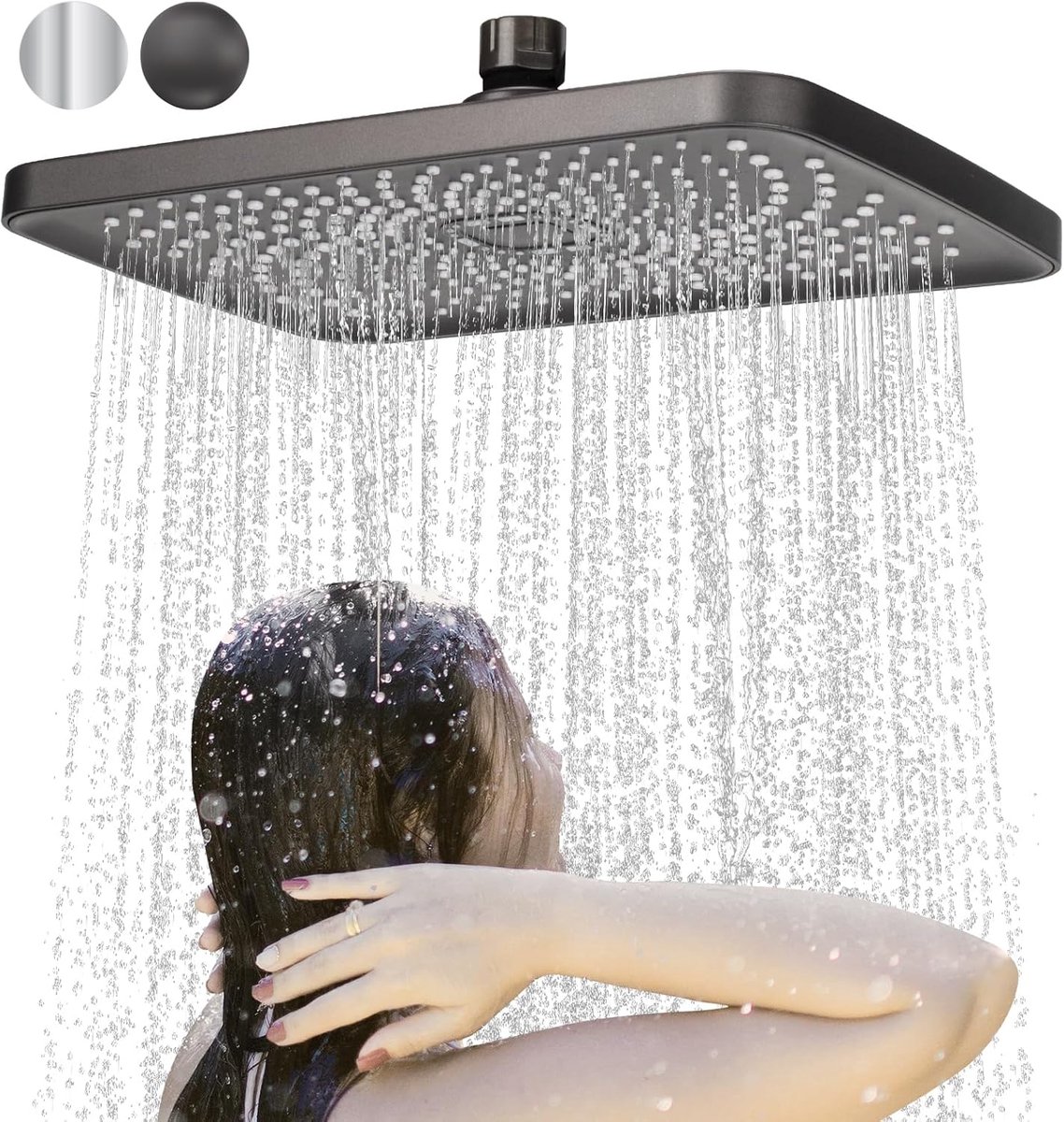 SnelShoppen - Rainfall Douchekop Vierkant - Verstelbare Regendouchekop - Universele Grote Badkamer Douchekop met Anti-Kalk Sprayers (28x18.5cm, Grijs)