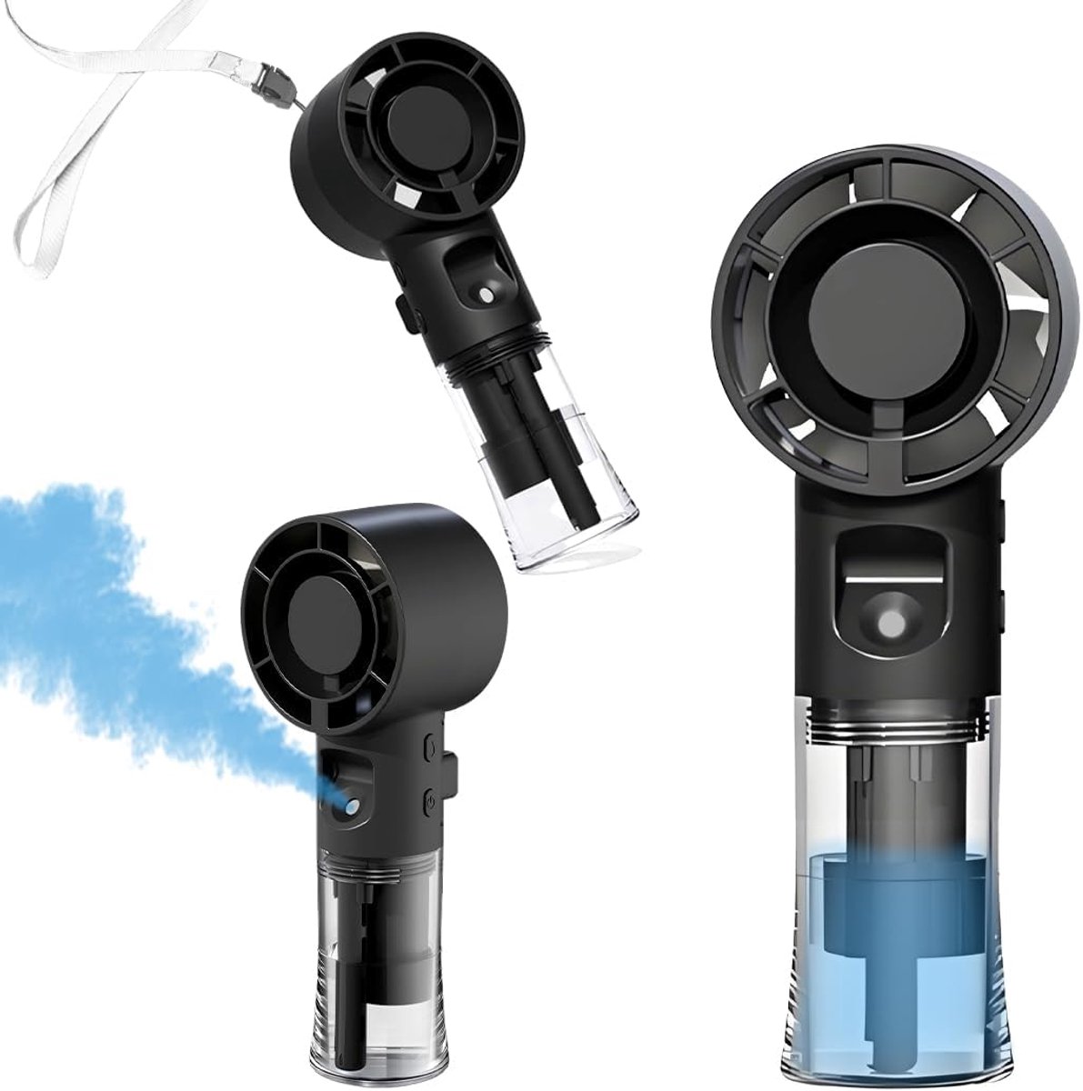 Draagbare vernevelingsventilator - 4 snelheidsstanden - met vernevelingsfunctie - Waterreservoir van 55 ml - Automatische uitschakeling - Mini - Persoonlijke handventilator - Geschikt voor reizen/buiten/make-up/kamperen/thuis/kantoor - Zwart