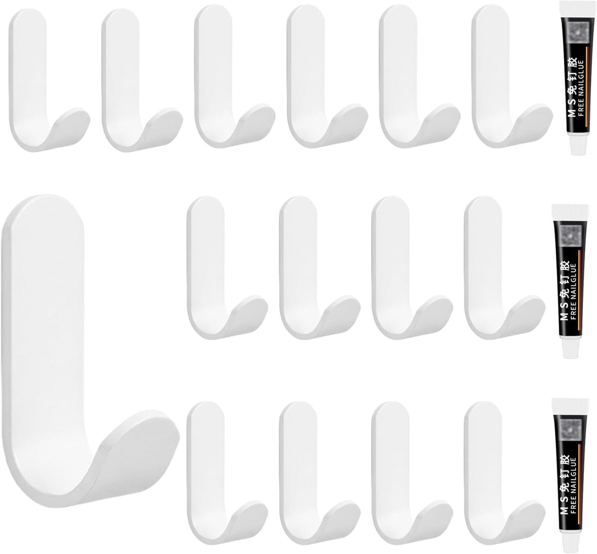 SnelShoppen - Zelfklevende Haakjes voor Muur - Coathaken zonder Nagels - Witte Deurhaken - Sterk Plakband - Houdt tot 10 kg - 15 Stuks met 3 Lijmtubes