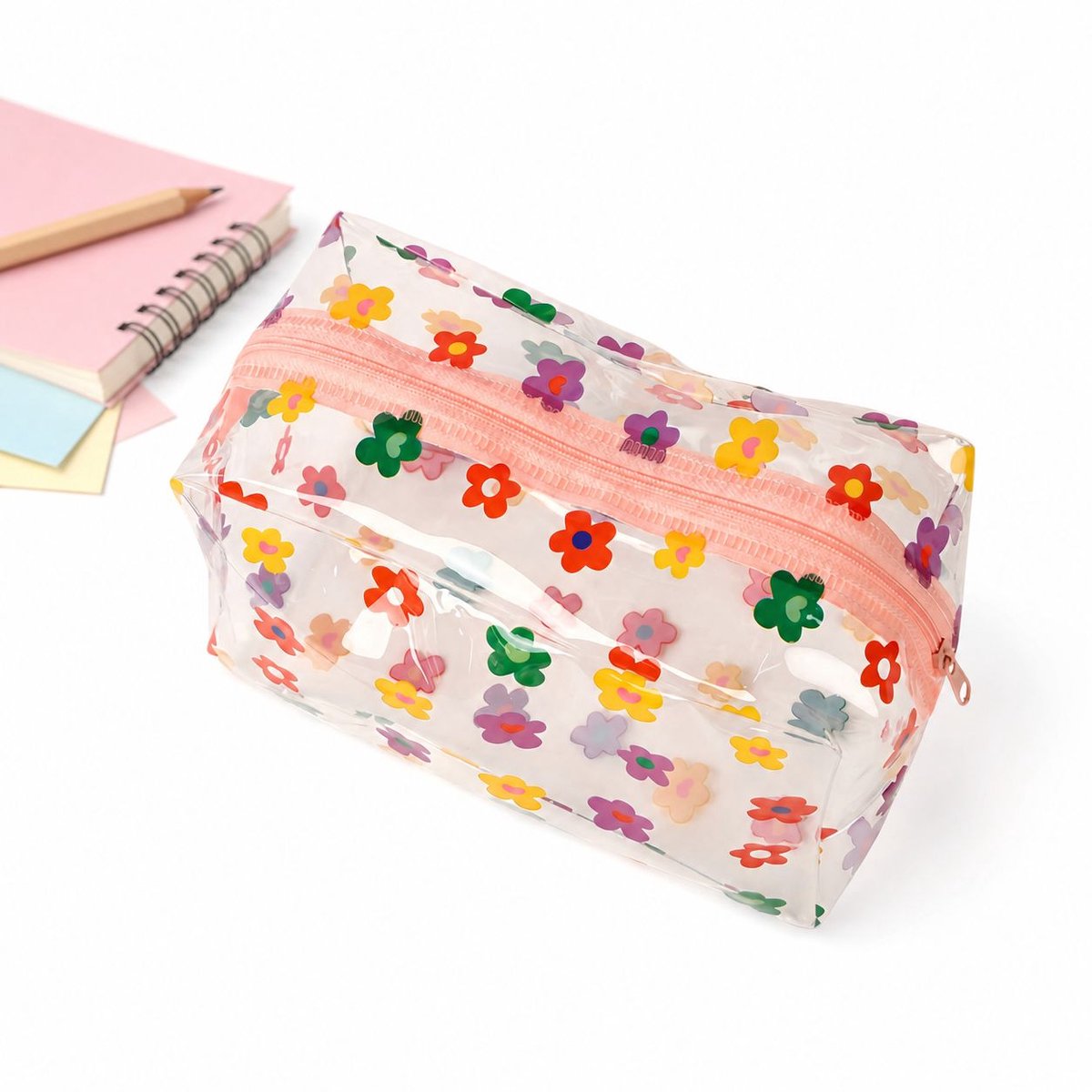 VHV-Pennenetui - Transparante Potloodtas en Etui met Bloemenprint voor School, Kantoor en Make-up