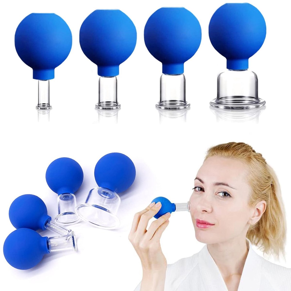 4-delige glazen cupping-set voor het gezicht | Vacuümzuiging met siliconen | Cupping-massagetherapie | Set tegen cellulitis en rimpels voor een direct verjongde huid | Voor ogen, gezicht en lichaam