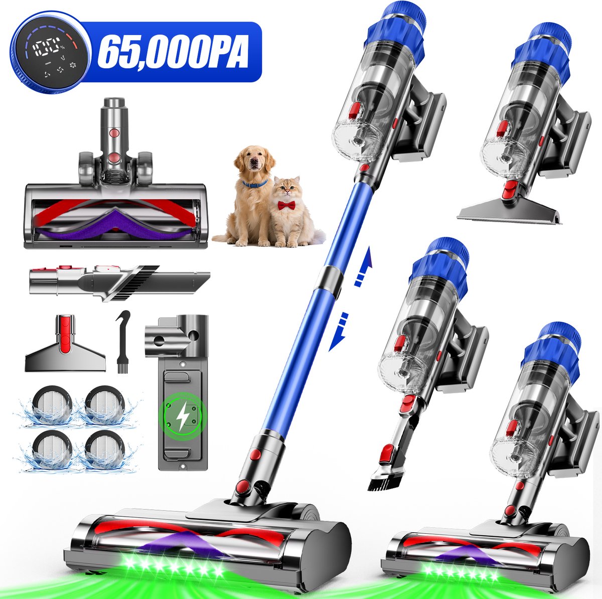 Elekiatech Steelstofzuiger Draadloos - 65000Pa - 70 Min Gebruikstijd - 8-in-1 Filtersysteem - Blauw C