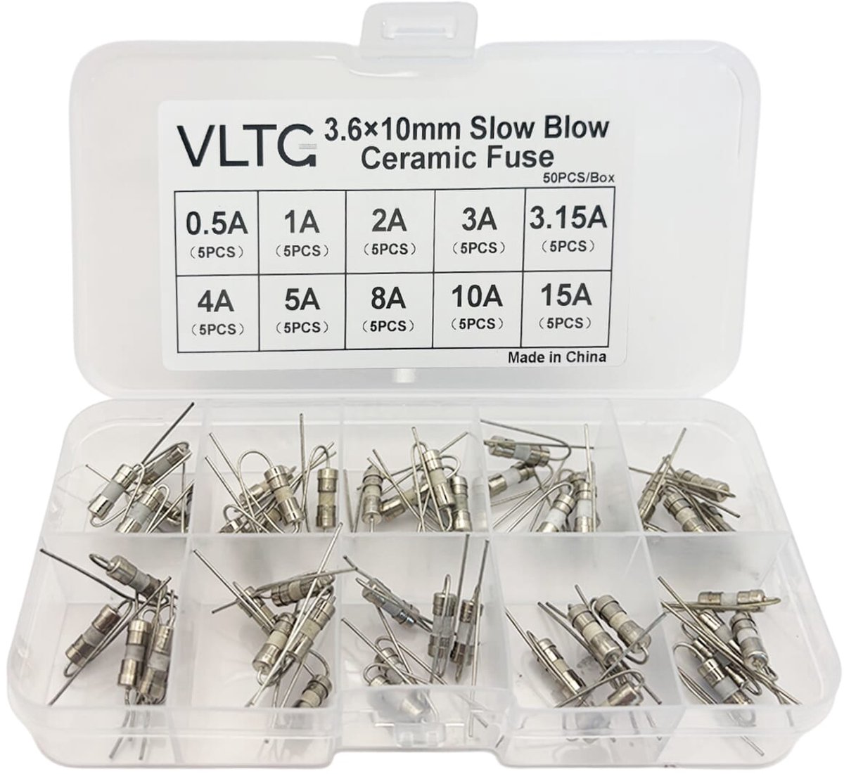 VLTG Keramische Zekering met Soldeerdraad 3.6x10mm - Snel (F) - 0.5A t/m 15A - Zekeringset 50 stuks