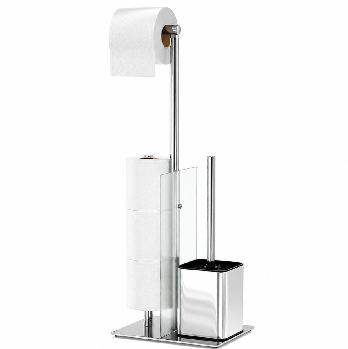 BSS® Toiletbutler Zilver – Staande Toiletset met Wc-borstel, Toiletpapierhouder en Glazen Plank – RVS, Zonder Boren