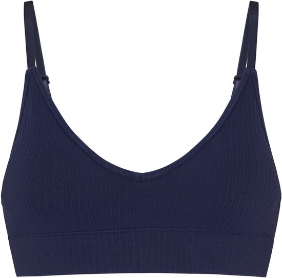 Donkerblauwe, geribbelde bralette met V-hals en verstelbare bandjes.