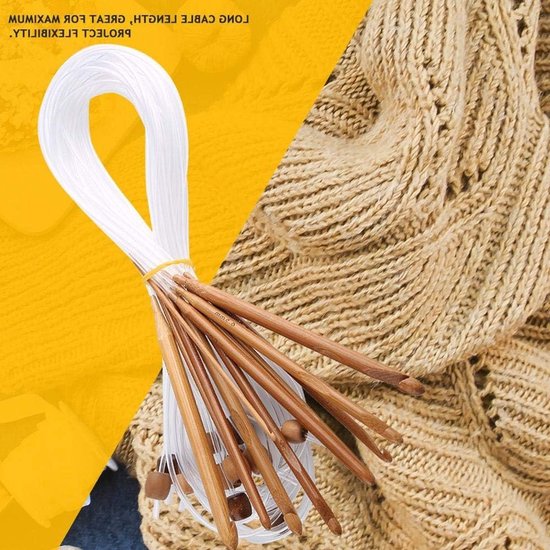 12-delige set haaknaalden van carbonized bamboe met plastic kabel, maat 3-10mm, ideaal voor breien en haken van Merkloos — afbeelding 2