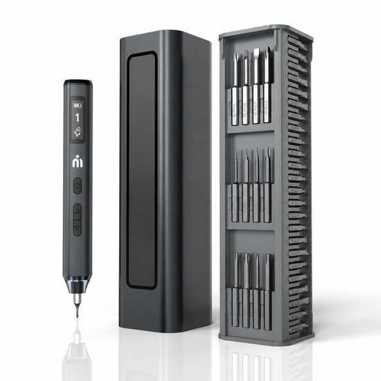 Grijze elektrische schroevendraaier met digitaal display, opbergdoos en een set van 60 bits.