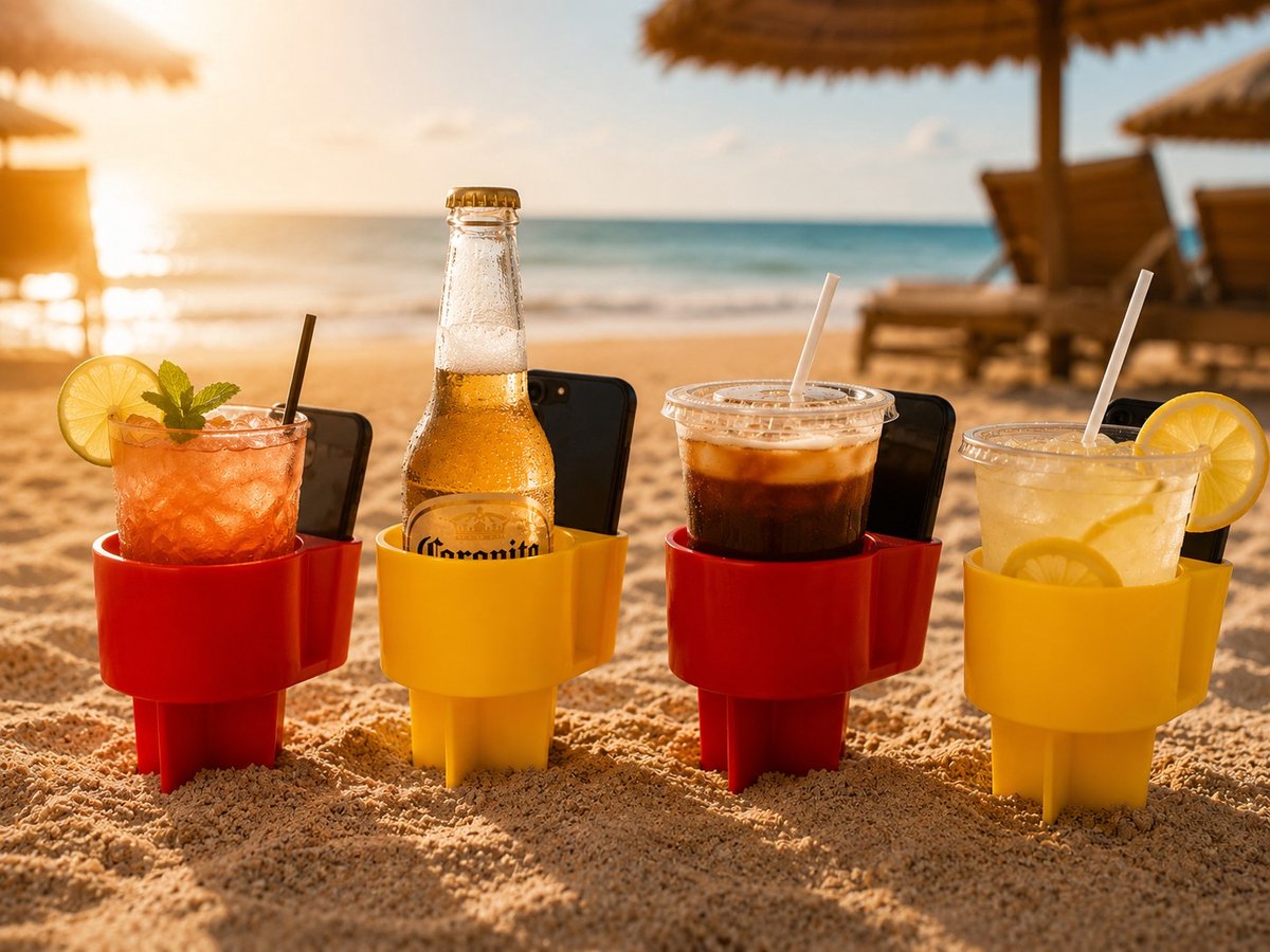 Bekerhouder strand - Bekerhouder festival - Strandbeker - Strand accessoires - Strand accesoires - Set van 2 stuks - Telefoon houder - Cave & Garden