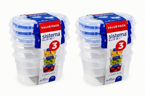 Boîtes de conservation Sistema KLIP IT+ 400 ml - Lot de 6 - Étanche - Sans BPA - Transparent/Bleu