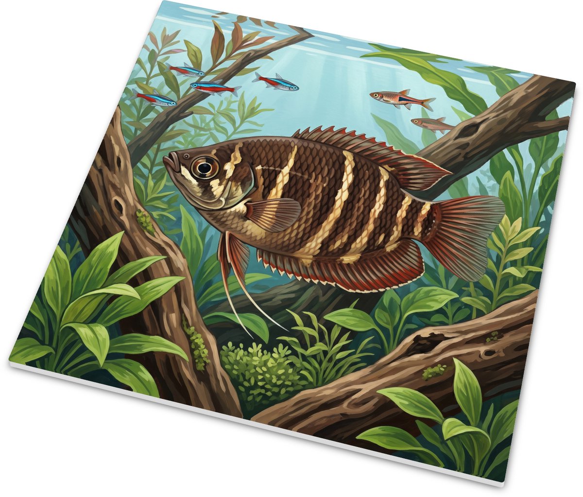 Tegeltje met gestreepte gourami - sfeervolle aquarium illustratie