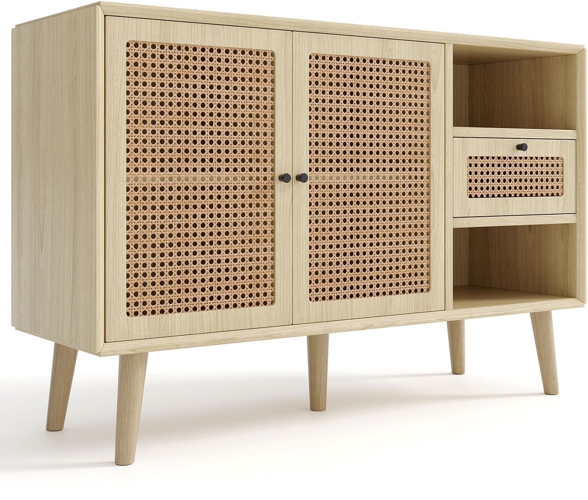 Dressoirtafel Opbergkast – met 1 Lade en 2 Rotan Deuren 120 cm - Eiken