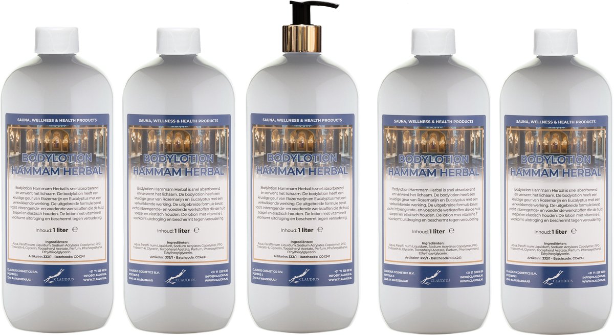 Bodylotion Hammam Herbal 1 Liter - met gouden pomp - set van 5 stuks - Voordeelverpakking