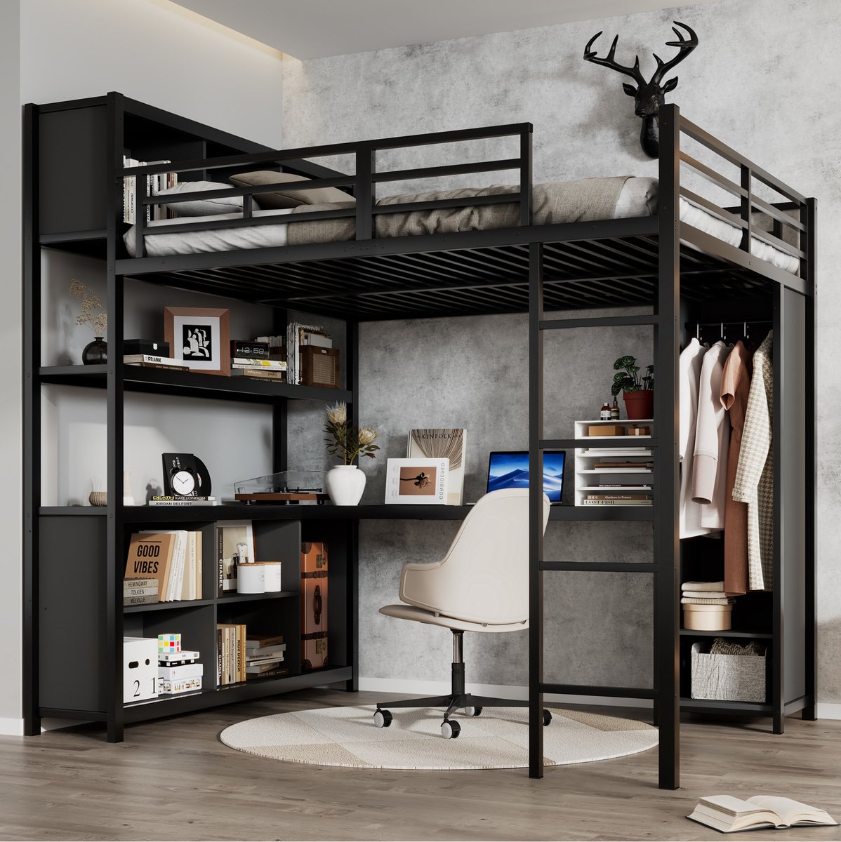 MEUNIQ Hoogslaper 140x200 cm met bureau, opbergruimte en kledingkast, metalen en spaanplaat bedframe met ladder voor slaapkamer, zwart