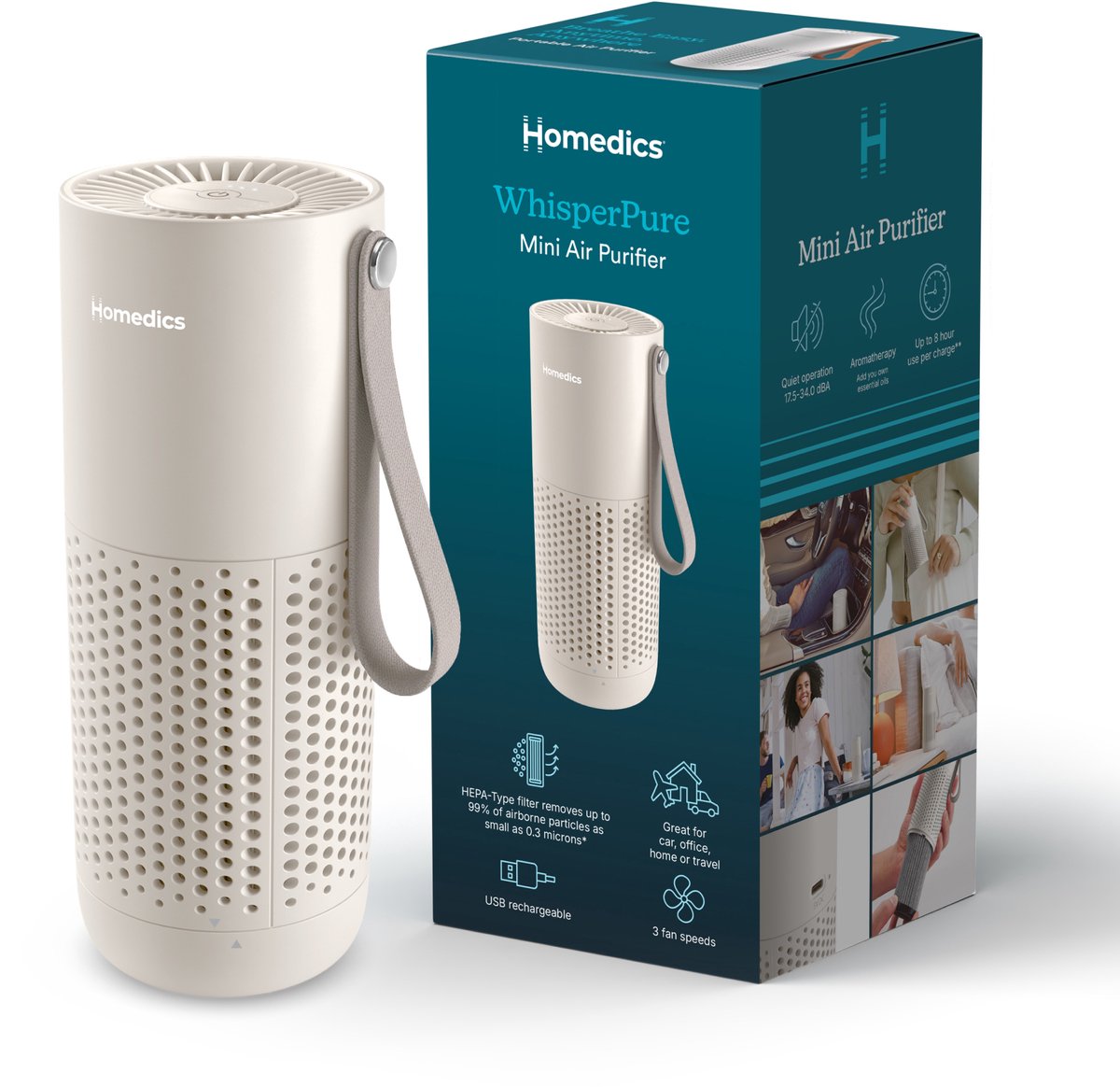 Homedics WhisperPure Mini Luchtreiniger Draadloos - HEPA en Koolstof Filter - Tot 8 uur Batterijduur - Draagbare Air Purifier voor Auto en Thuis - Stil 17-34 dB - Met Olietray - 3 Ventilatiestanden - Wit