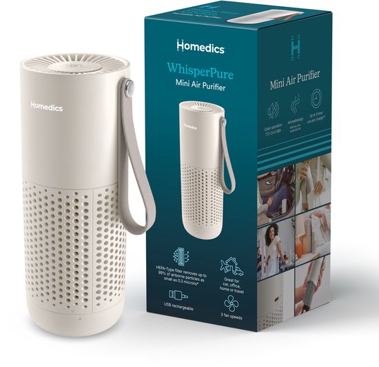 HoMedics WhisperPure Mini luchtreiniger wit met draaggreep, naast de verpakking. Afmetingen 17.5cm x 6.8cm.