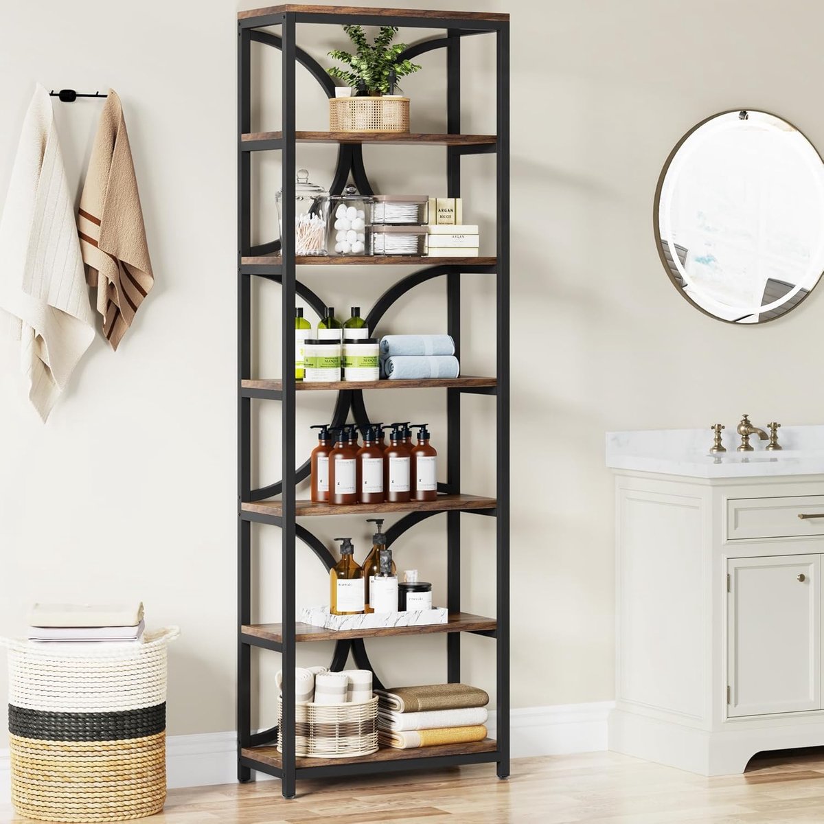 Tribesigns Boekenkast met 6 Planken - industriële vrijstaande plank - Industrieel - Bruin - voor woonkamer, thuiskantoor - 60 x 30 x 200 cm