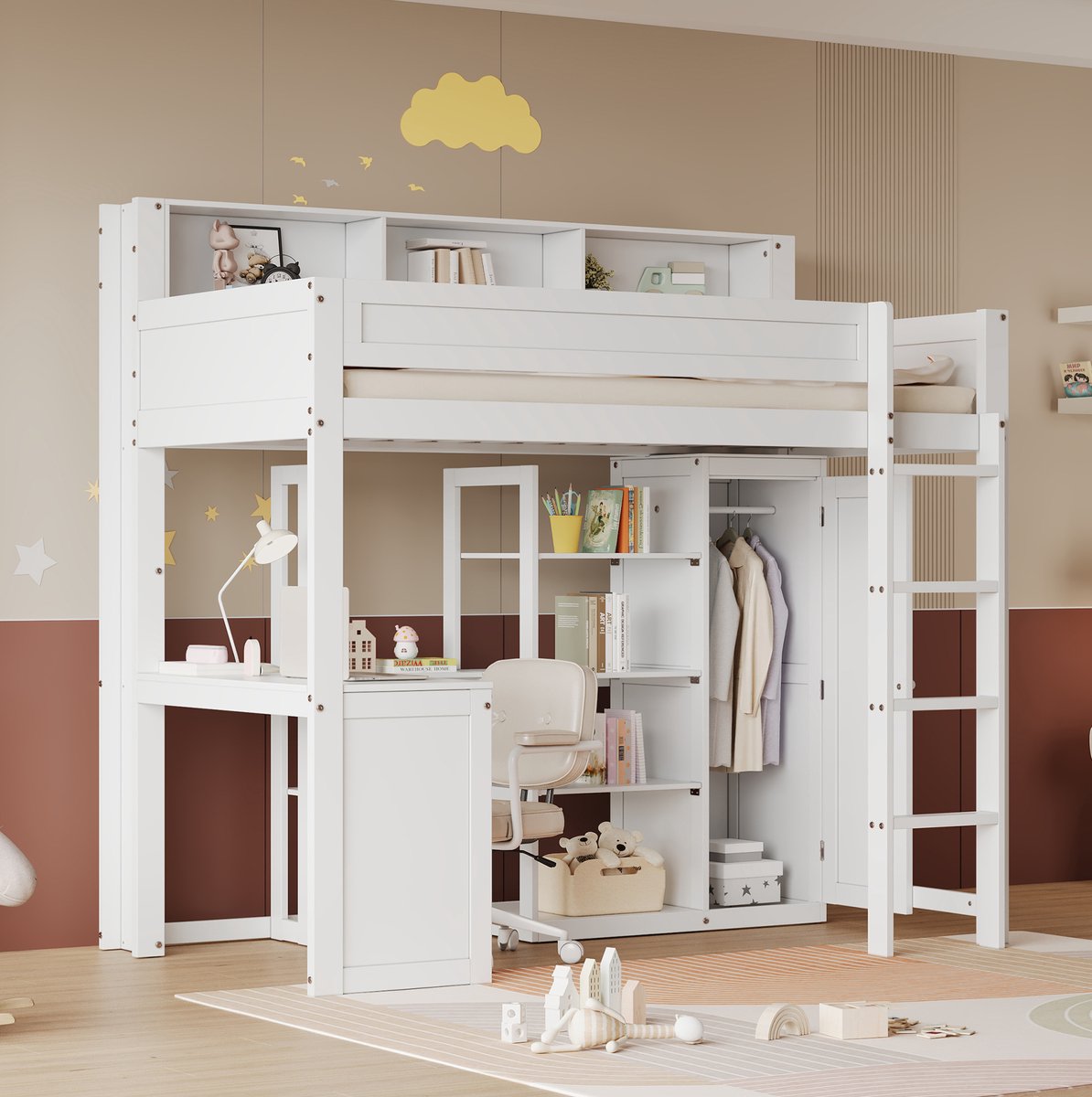 MEUNIQ hoogslaper 90x200 cm met bureau en kledingkast, met opbergrekken en vierzijdige uitvalbeveiliging, voor kinderkamer, wit