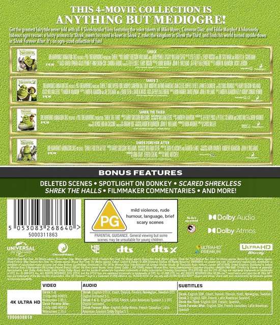Achterkant van een 4K UHD boxset van de Shrek films met de titels en details van de inhoud.