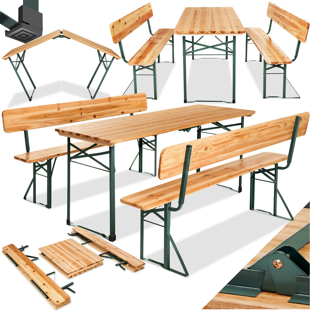 tectake® Biertafel met 2 Banken - 8 personen - 170 cm lang - 3-delige Biertafelset met Inklapbare Tafel en Banken met Rugleuningen - Tuintafel - Bierbank Oktoberfest