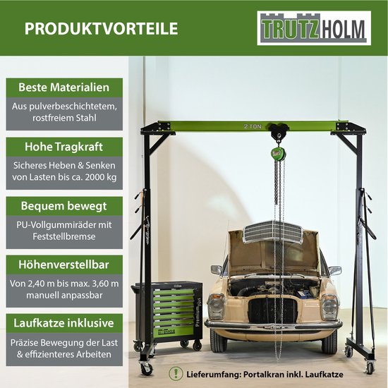 Groene 2 tons portaalkraan met loopkat, in gebruik bij een auto. 'Produktvorteile' (productvoordelen) met o.a. hoogteverstelbaar (2,4-3,6m) en loopkat inclusief.