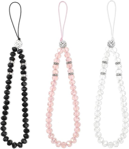 Trois lanières de téléphone: noire, rose et transparente, avec des breloques scintillantes.