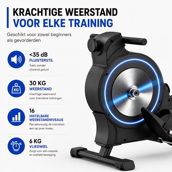 Zwarte roeitrainer met een focus op de krachtige weerstand van 30kg en 16 instelbare niveaus.