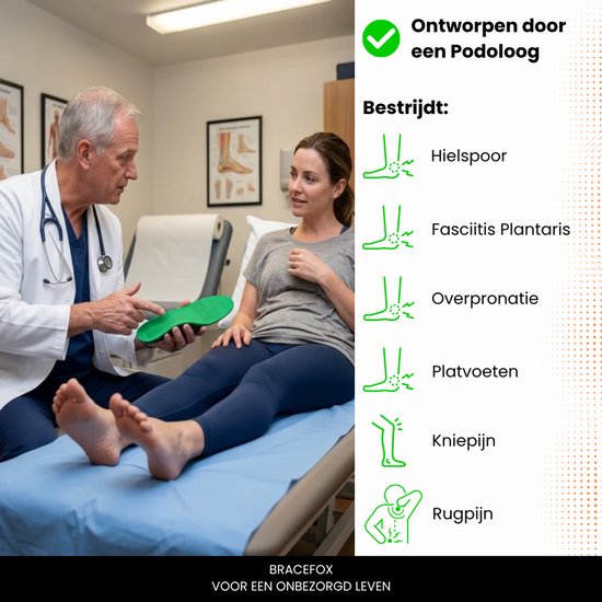 Podoloog die Bracefox inlegzool vasthoudt, toont behandelingen: hielspoor, fasciitis plantaris, overpronatie, platvoeten, knie- en rugpijn.