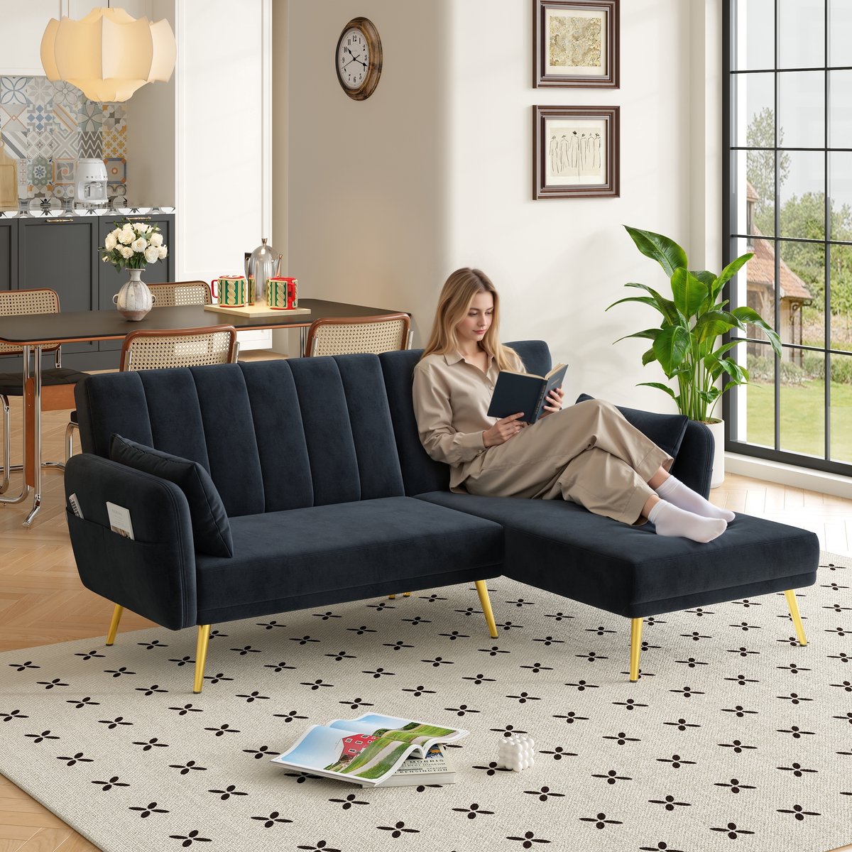 DESMIU U-Bank 272 x 131 cm - Slaapbank Met Opbergruimte En Bekerhouders - Voor Woonkamer, Kantoor En Logeerkamer - Chenille En Ribstof - Beige