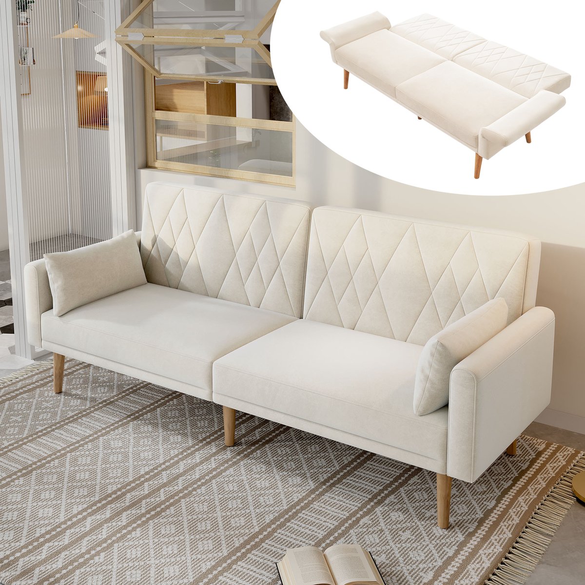 DESMIU Slaapbank 180 x 75 x 82 cm - Verstelbare Rugleuning En Armleuningen - Voor Woonkamer Slaapkamer En Logeerkamer - Fluweel Beige