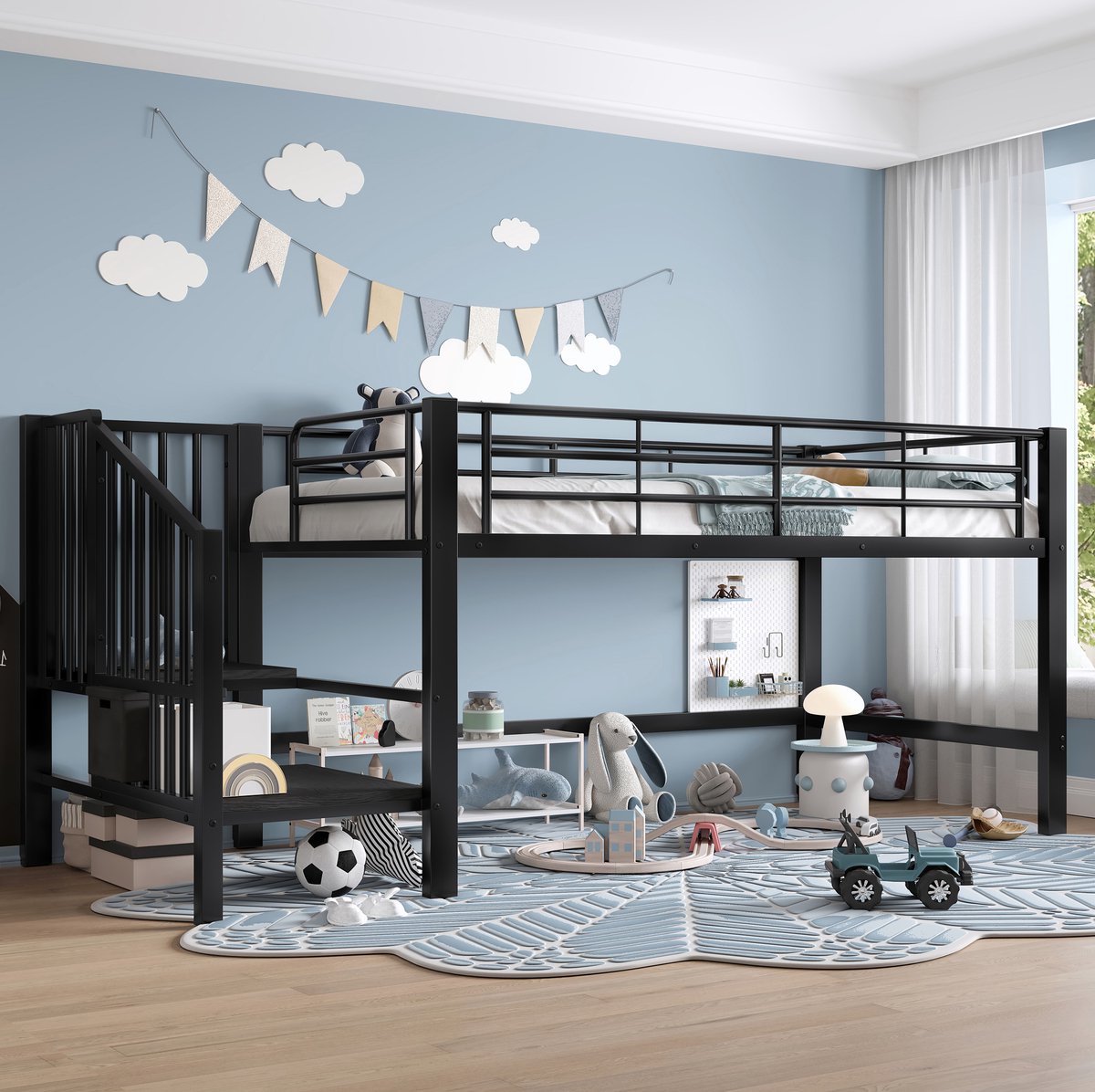 MEUNIQ Halfhoogslaper 90 x 200 cm met geïntegreerde opbergtrede, metalen bedframe, lattenbodem en ruimte onder het bed voor kinderkamer, zwart Black