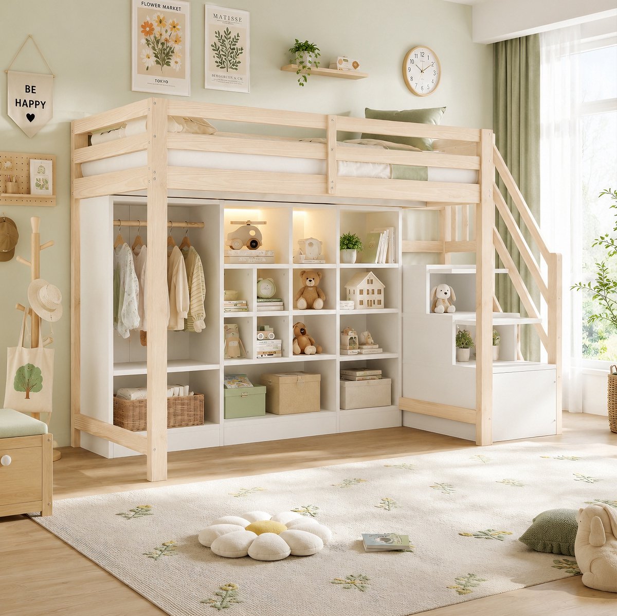 MEUNIQ Hoogslaper 90 x 200 cm met opbergruimte, kledingkast, zijladder met verborgen vakken en LED-verlichting voor kinder- of jeugdkamer in naturel en wit Naturel hout