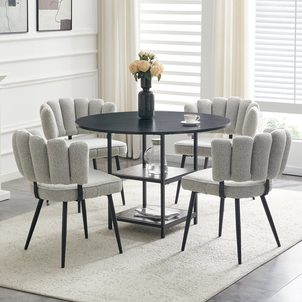 OKWISH Eethoek 107 Cm - Ronde Eettafel Met 4 Stoelen En Dubbele Opbergruimte - Industrieel - MDF En Metaal - Zwart Grijs Zwart, Lichtgrijs
