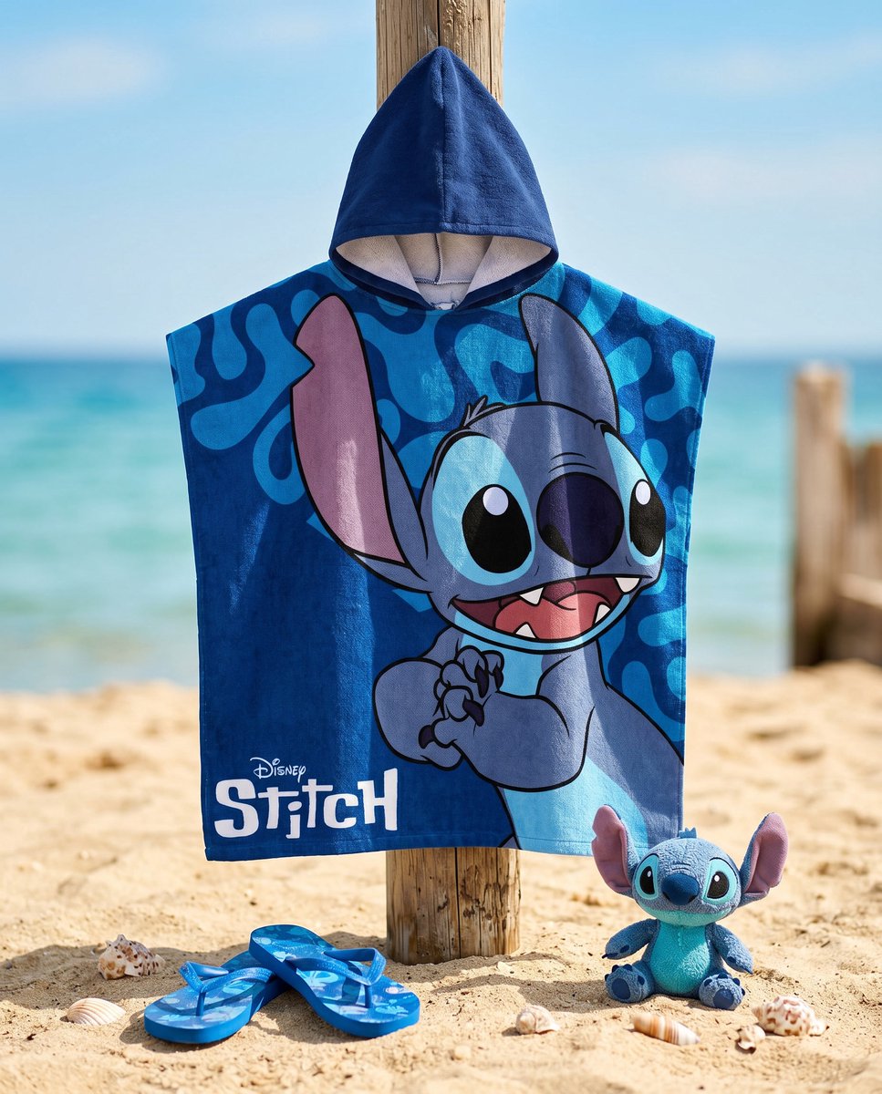 Stitch poncho blauw 55 x 110 cm - polyester
