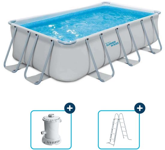 Rechthoekig Summer Waves zwembad met filterpomp en ladder.