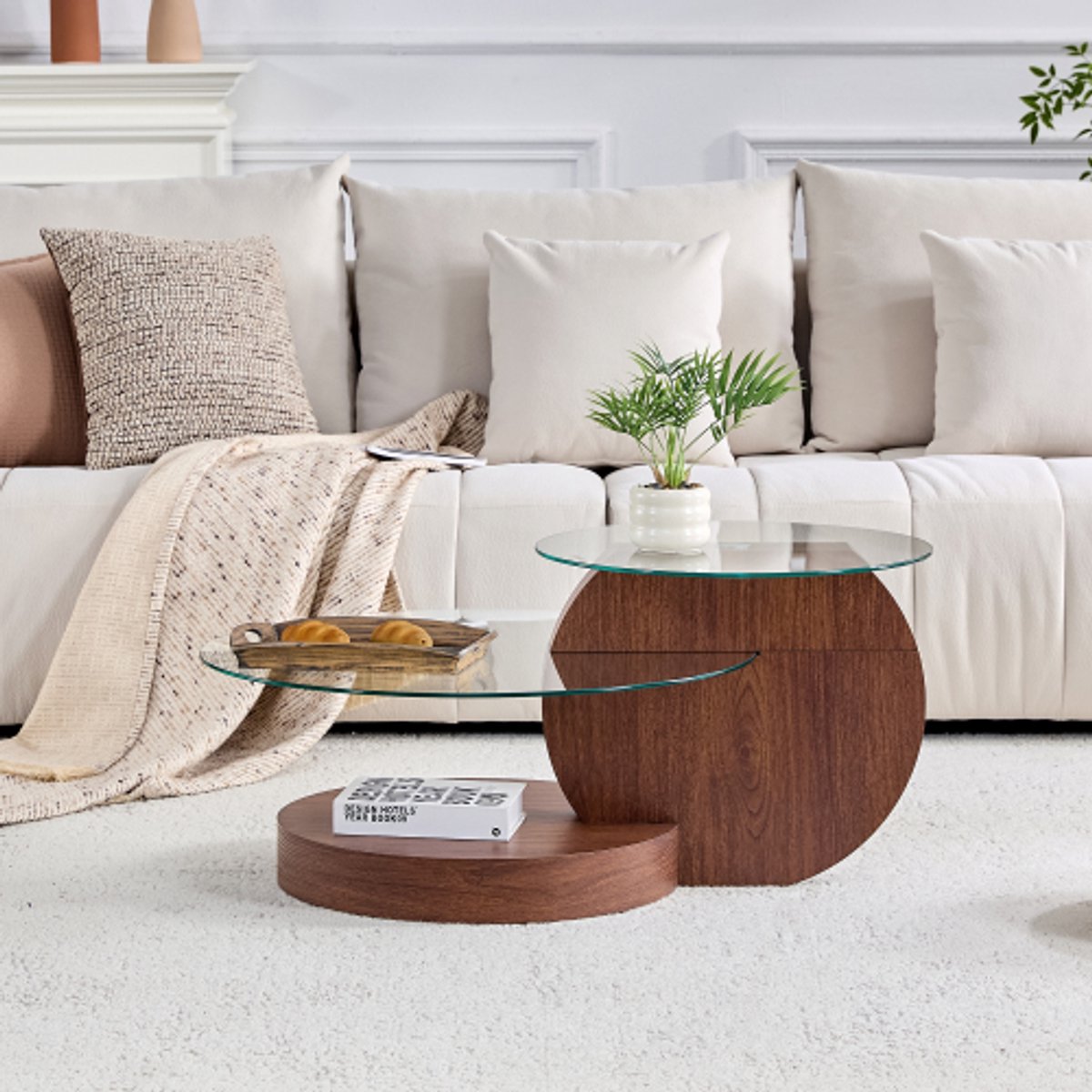 Ronde Salontafel 70 en 50 cm - Tweelaagse Koffietafel van Veiligheidsglas - MDF Onderstel met Walnootlook - Transparant Walnoot