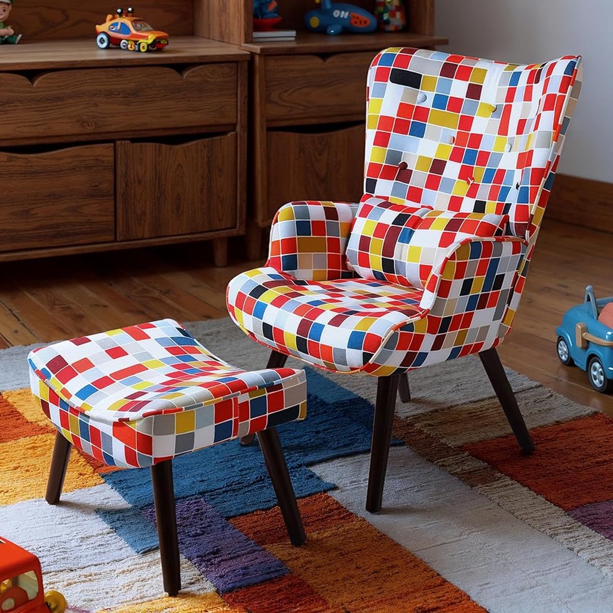 HomeMiYN Fauteuil met Voetenbank – Eénpersoons Loungestoel in Linnenlook Multicolor Mozaïek Design – Comfortabele Relax Stoel met Hocker – Vintage Decoratieve Stoel voor Woonkamer en Slaapkamer
