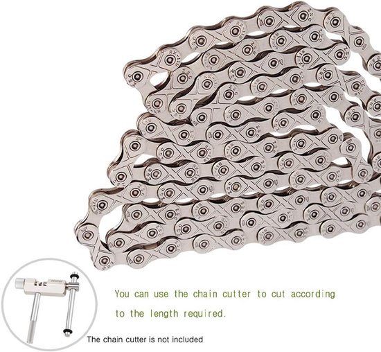 Gedetailleerde close-up van een zilverkleurige fietsketting, met de tekst 'You can use the chain cutter to cut according to the length required. The chain cutter is not included'.