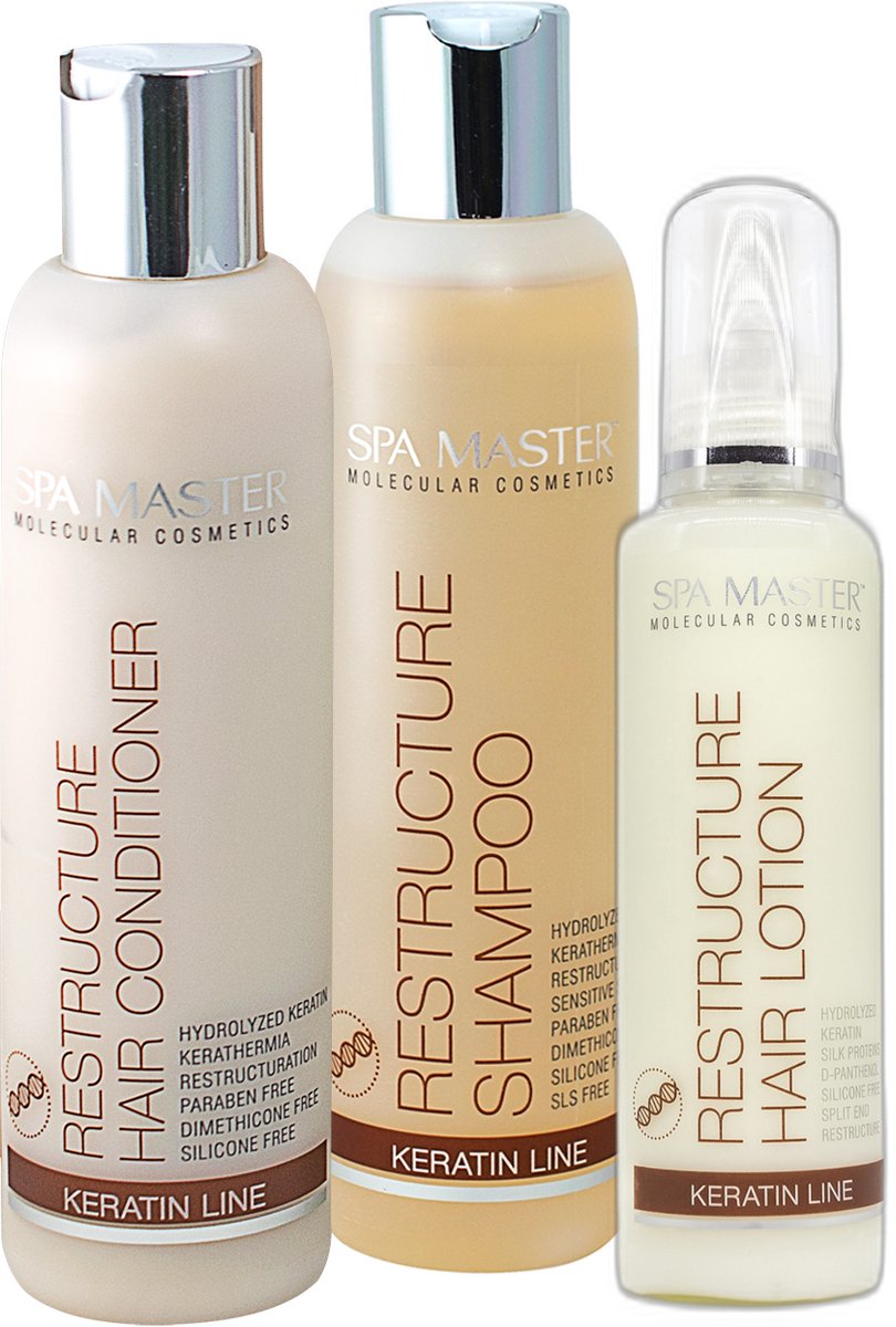 Spa Master Keratine Behandeling Voordeelverpakking 3 Stuks – Shampoo 200ml + Conditioner 200ml + Haarlotion 135ml – voor Beschadigd Haar – Professionele Salonkwaliteit voor Thuis – 535ml