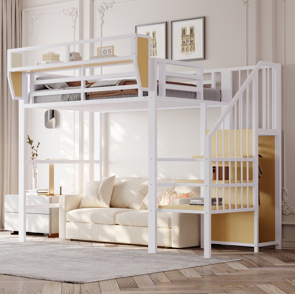 MEUNIQ Hoogslaper 90x200 cm met veiligheidsladder en flexibel opbergvak, metalen bedframe met 140 cm vrije ruimte eronder, eenpersoons bed voor slaapkamer of kinderkamer, wit