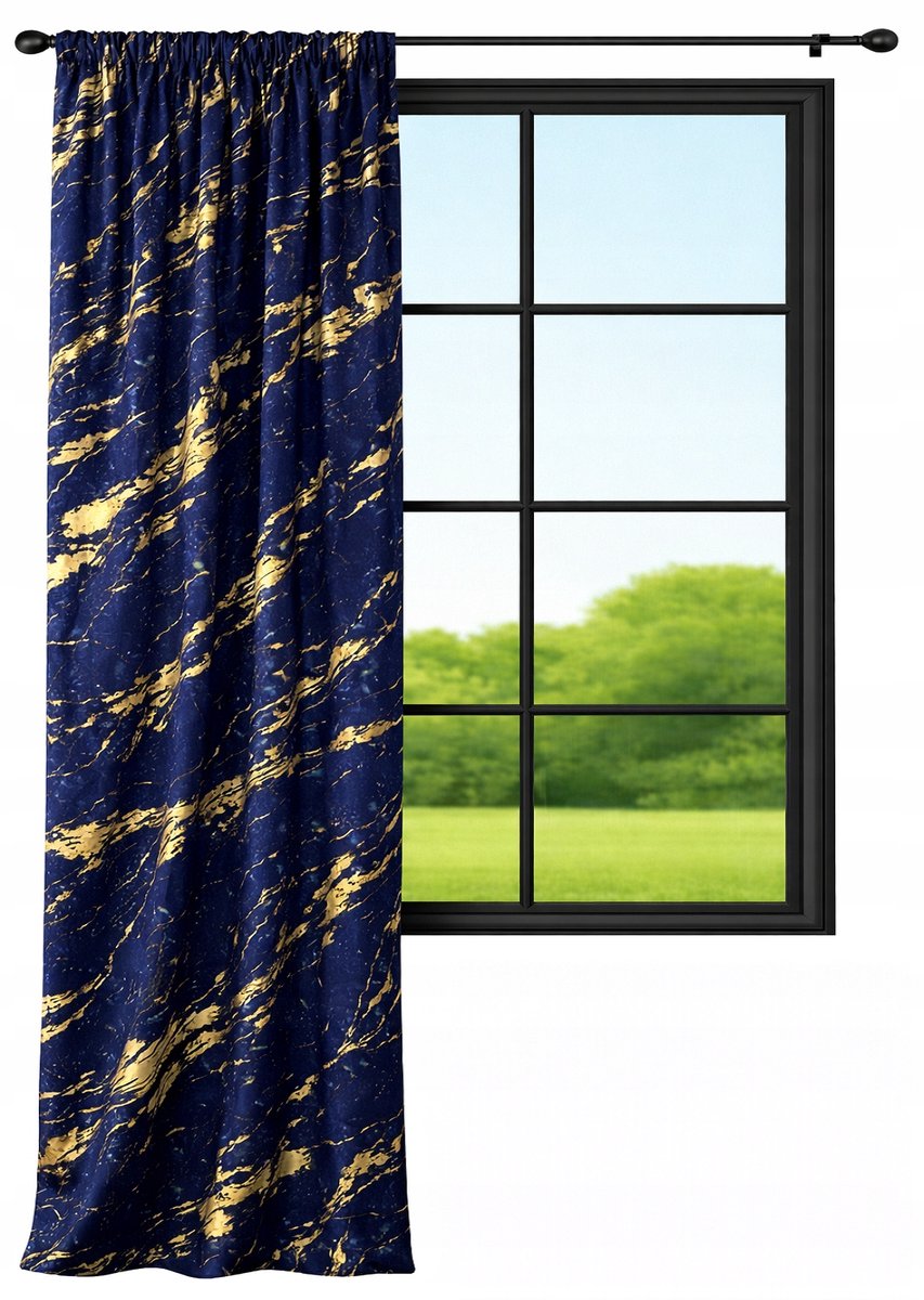 NOW-ART Marmer Serie - Velours Gordijn - 140 x 220 cm - Donkerblauw met Goudkleurig Patroon Donkerblauw;Goud