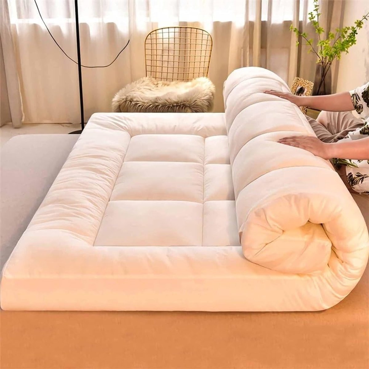 Vloermatras Futon - Japanse slaapmat - Comfortabel slapen - Extra dik ontwerp - 200x220cm - Wit