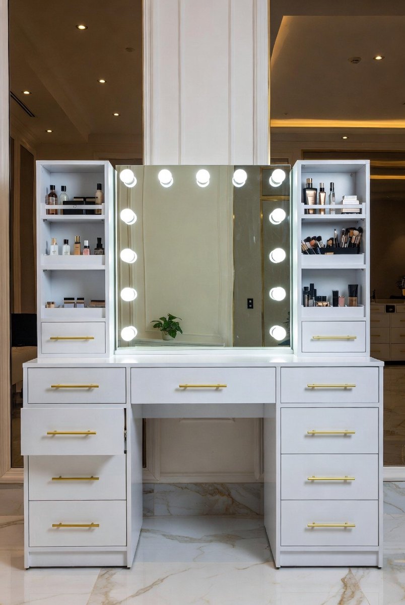 Grote kaptafel met verstelbare ledverlichting en spiegel, make-uptafel met stopcontact, glasplaat, make-uptafel met 9 laden en 4 open planken voor de slaapkamer, wit, EFST39W-Medahomestore