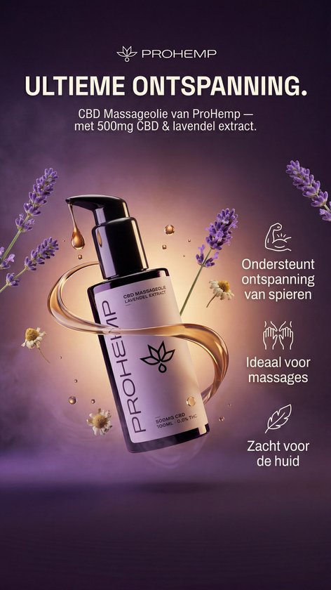 Paarse fles met pompje voor massageolie, met lavendel en kamille. 'Ultieme ontspanning'