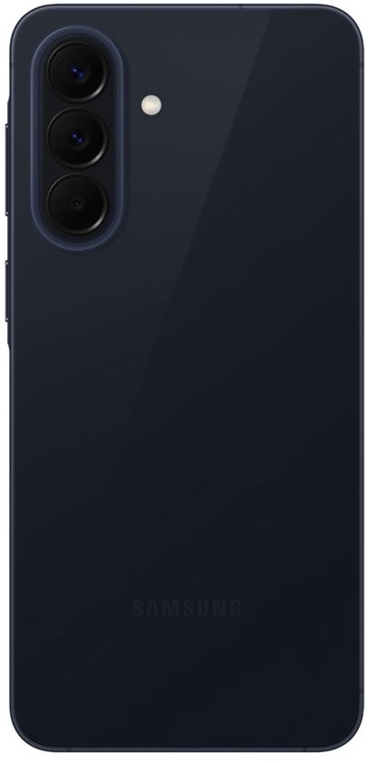 Donkerblauwe smartphone achterkant met drie camera's in een verticale rij.